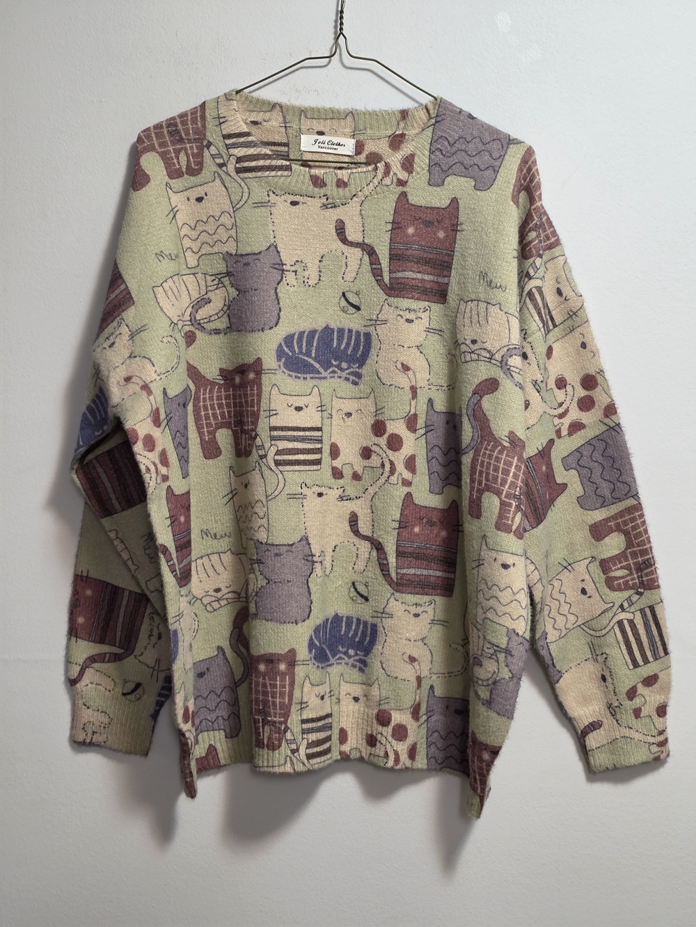 Joli Clothes Vancouver Cat Pattern Crewneck Sweater in Light Green Size